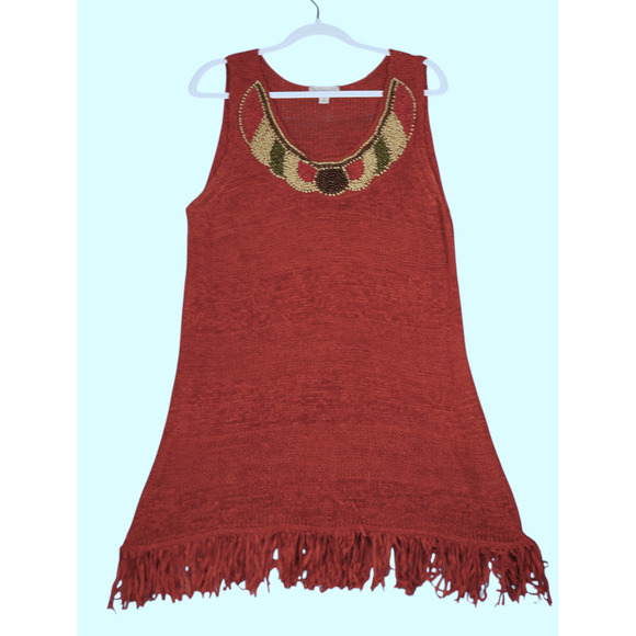 Vintage Crocheted Tunic Tank Sweater Womens 2X Burnt Orange Beaded Fringe Boho - Picture 2 of 11